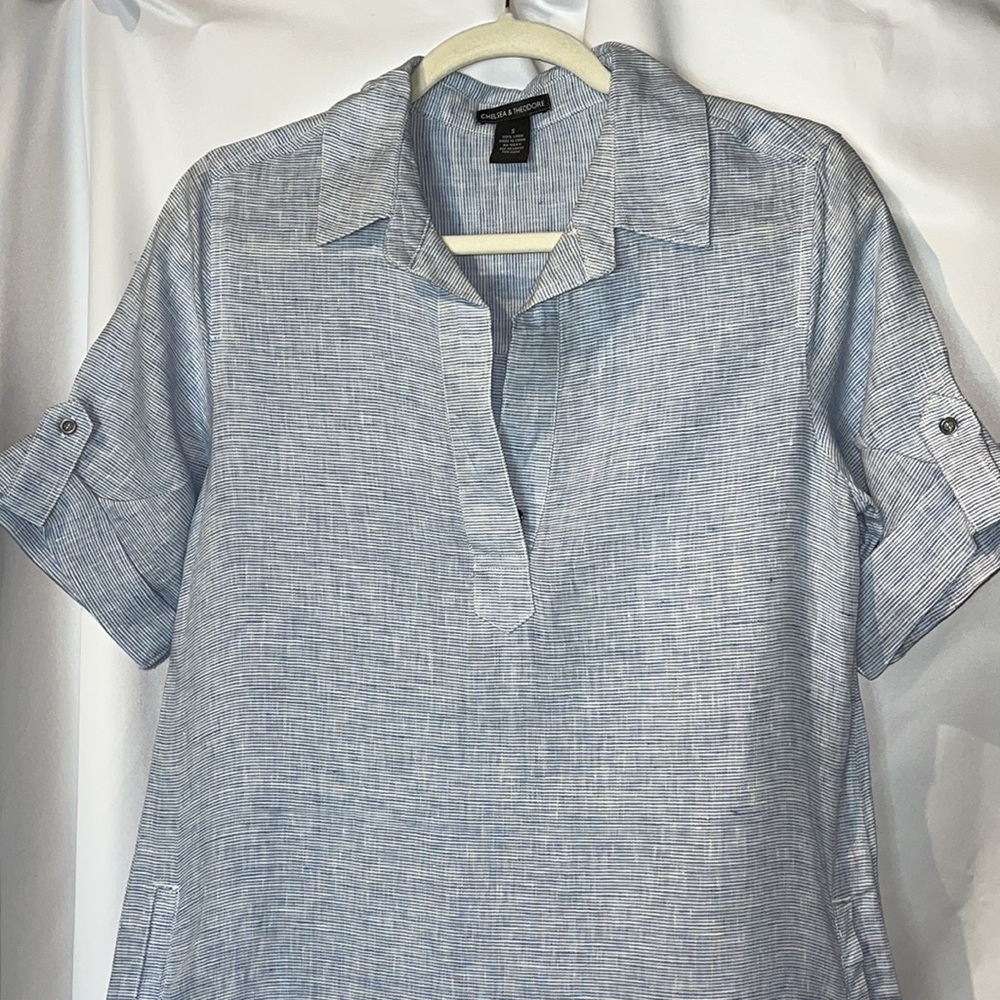 Chelsea & Theodore linen midi roll tab sleeve v neck dress Sz S blue/white - Picture 4 of 10